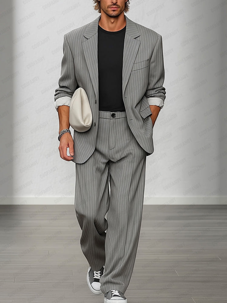 Smart Casual Striped Blazer and Pants Set